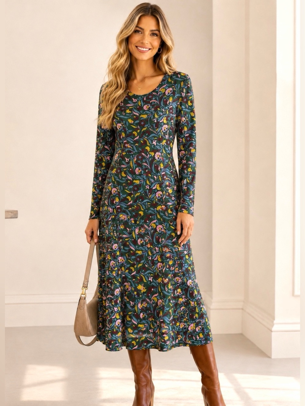 Boden Floral Long Sleeve Midi Dress Size 12